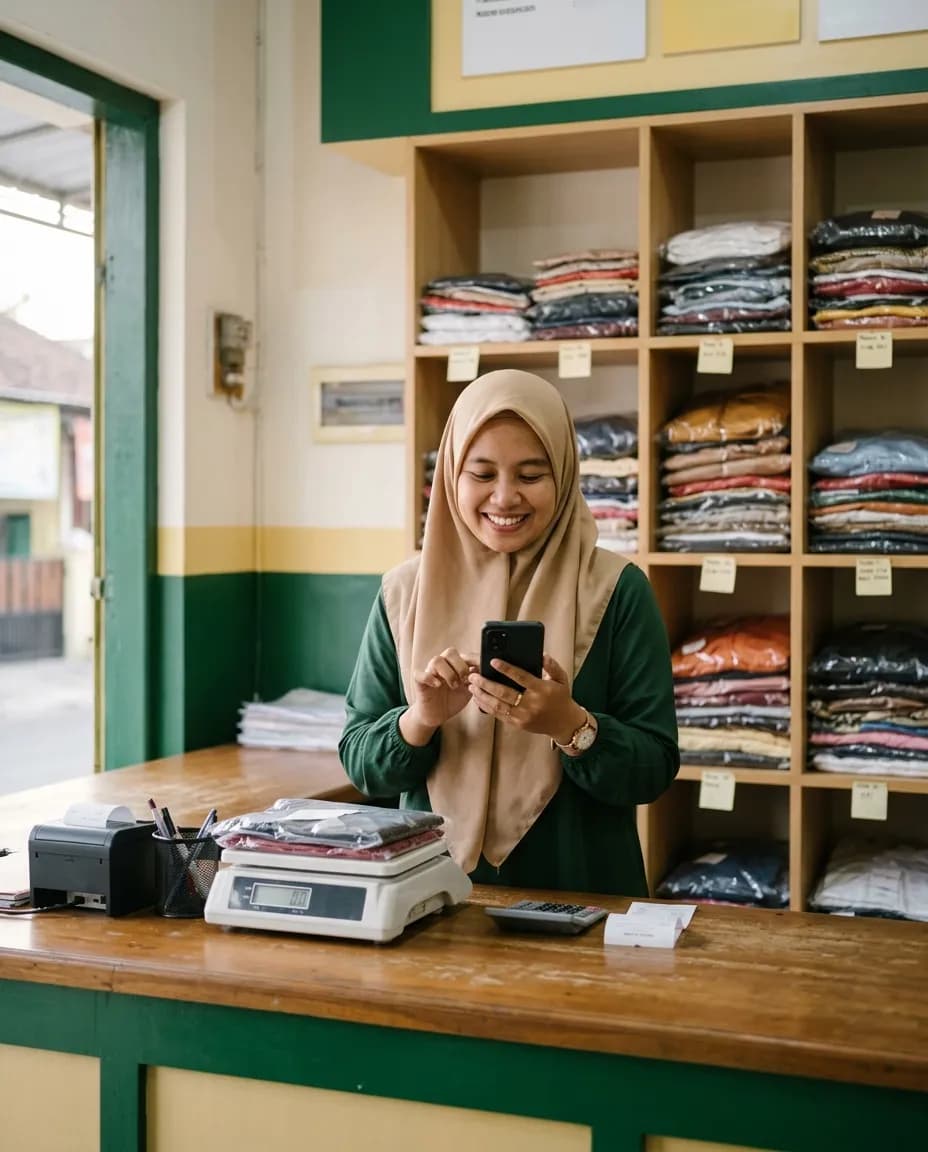 Kasir laundry mencatat order di HP