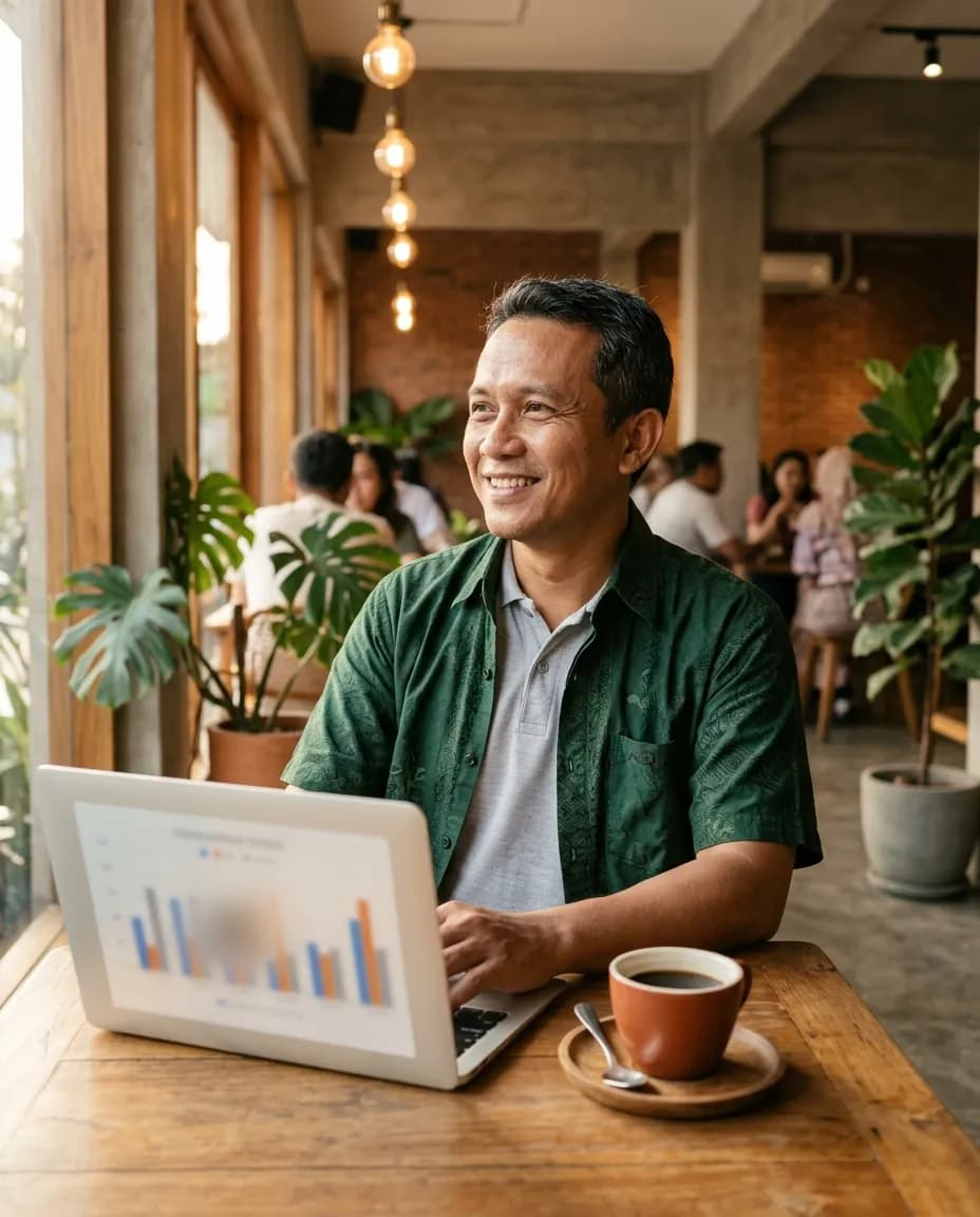 Owner melihat laporan dari laptop